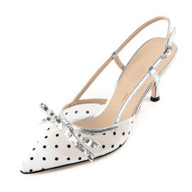 [KUHEE] Sling-back(9095K) 7cm- middle heel party shoes pearl ribbon mesh crystal handmade shoes - Made in Korea
